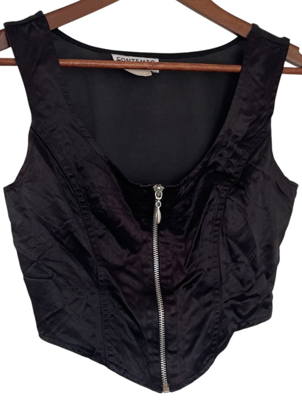 Vintage 90s Contempo Corset Top S Black Satin / Mesh Coquette Grunge Zip Front
